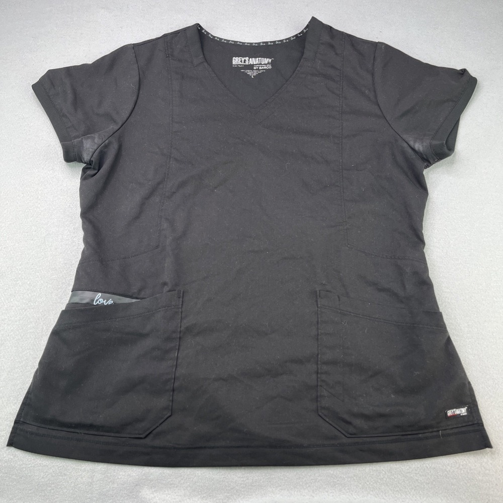 Grey's Anatomy Women's Large Uniform Scrub Top Black Short Sleeve Pockets